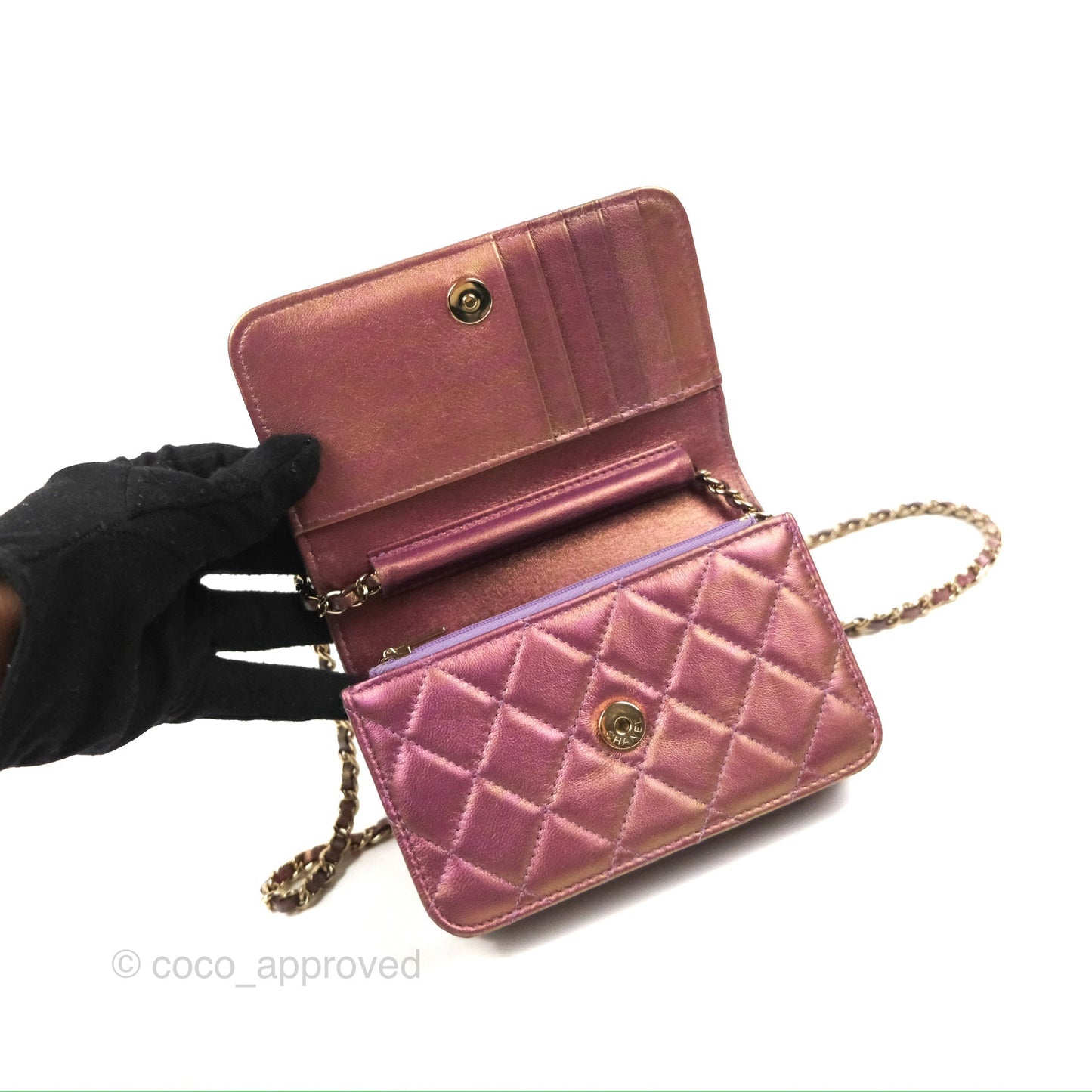 Chanel Quilted Mini Wallet on Chain WOC Iridescent Purple Gold Hardware