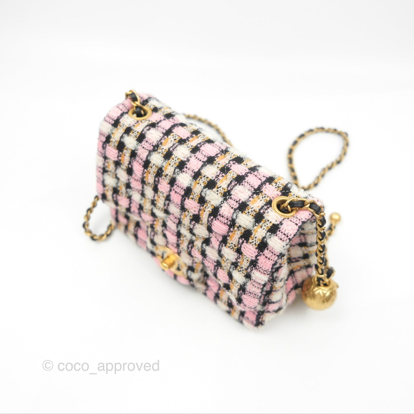 Chanel Pearl Crush Mini Square Quilted Pink Tweed Aged Gold Hardware