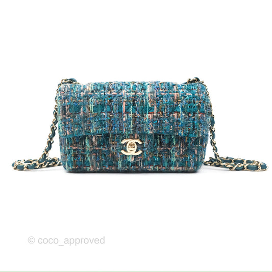 Chanel Mini Rectangular Flap Teal Tweed Gold Hardware