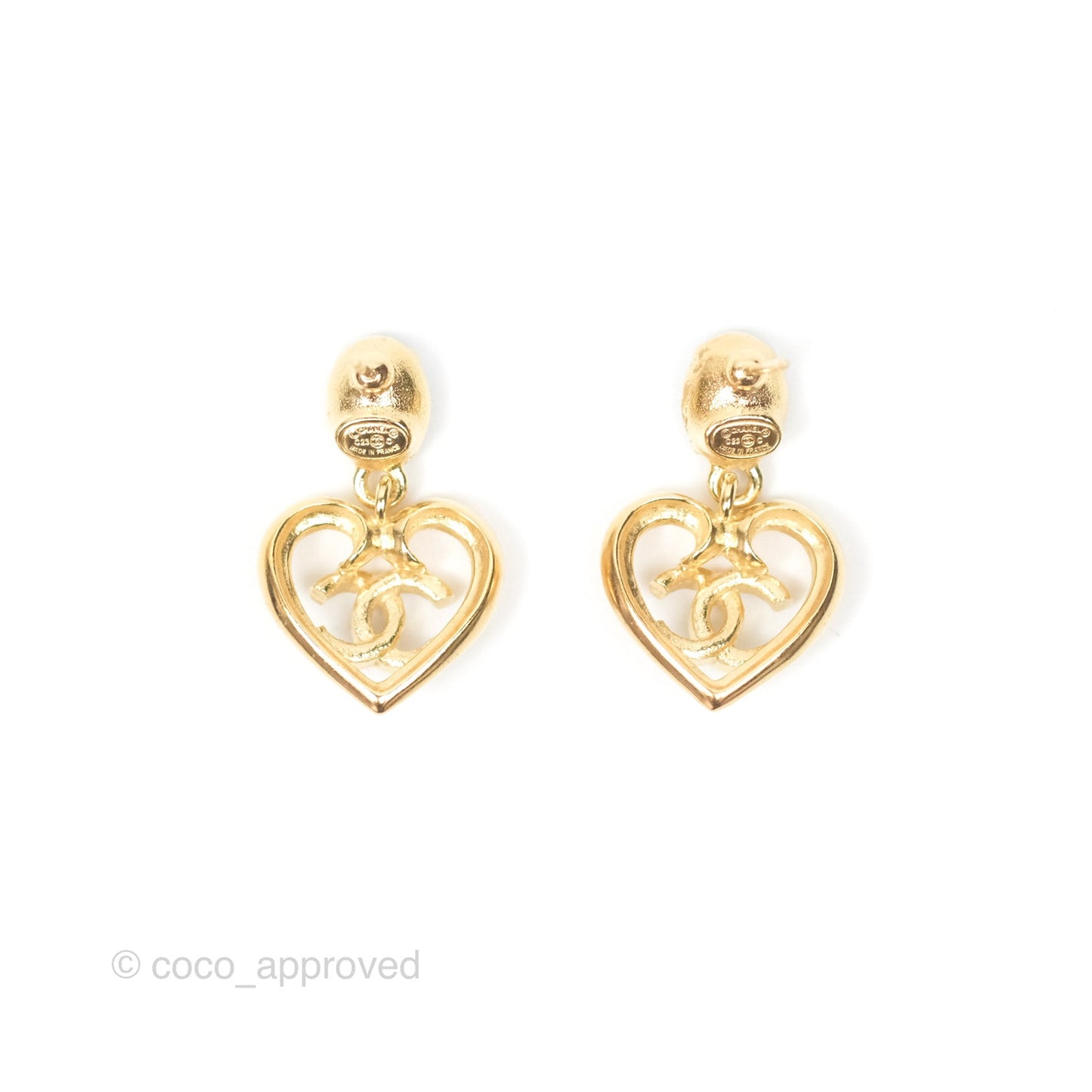 Chanel Oval Blue Resin Heart CC Drop Earrings Gold Tone 23C