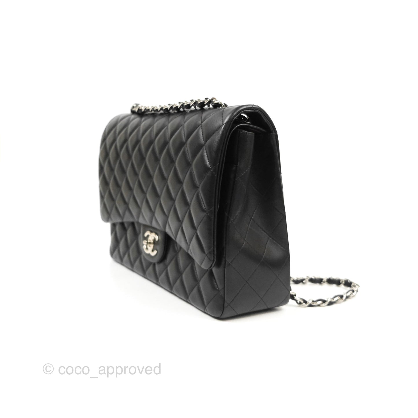Chanel Quilted Maxi Double Flap Black Lambskin Silver Hardware