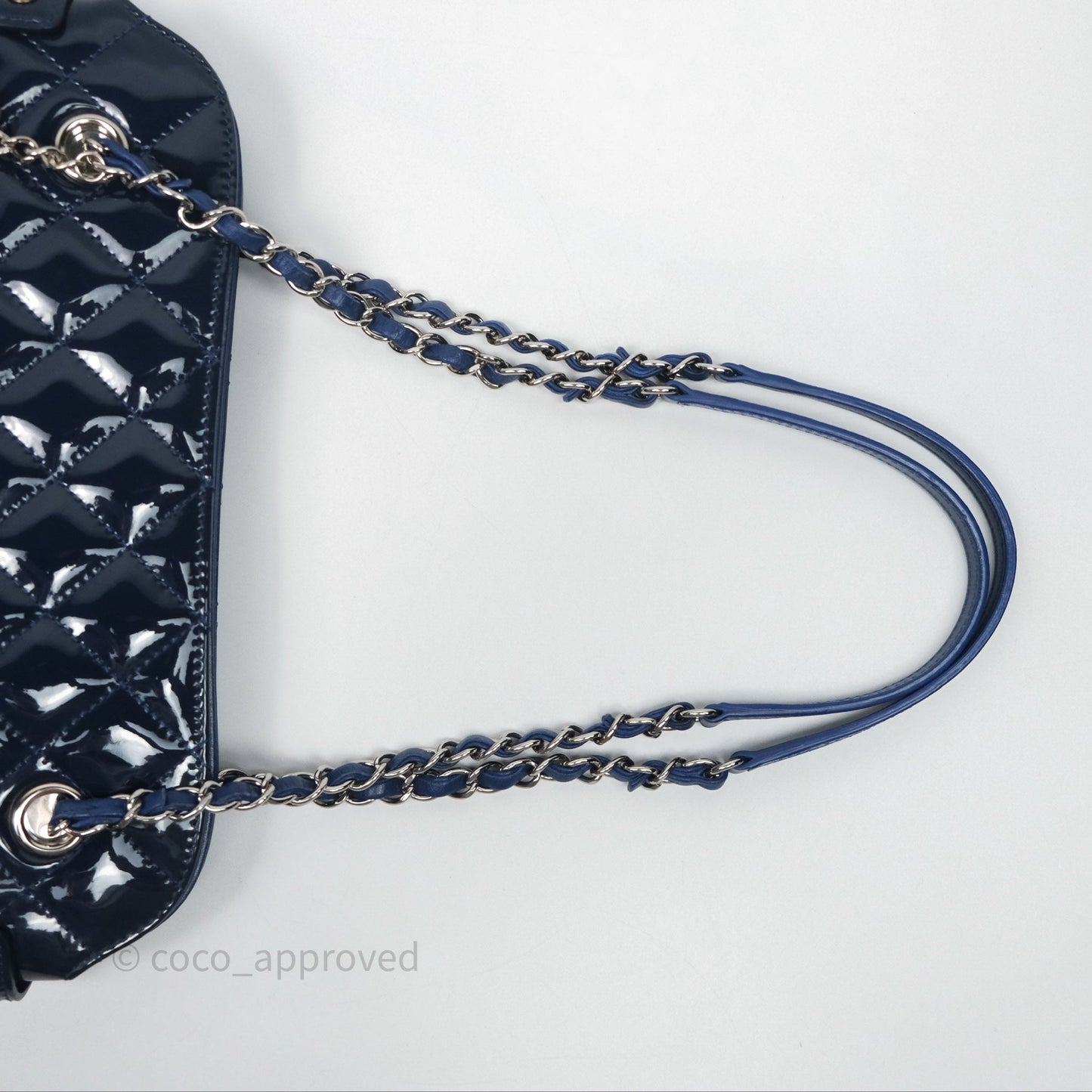Chanel Quilted Bowling Tote Royal Blue Patent Silver Hardware