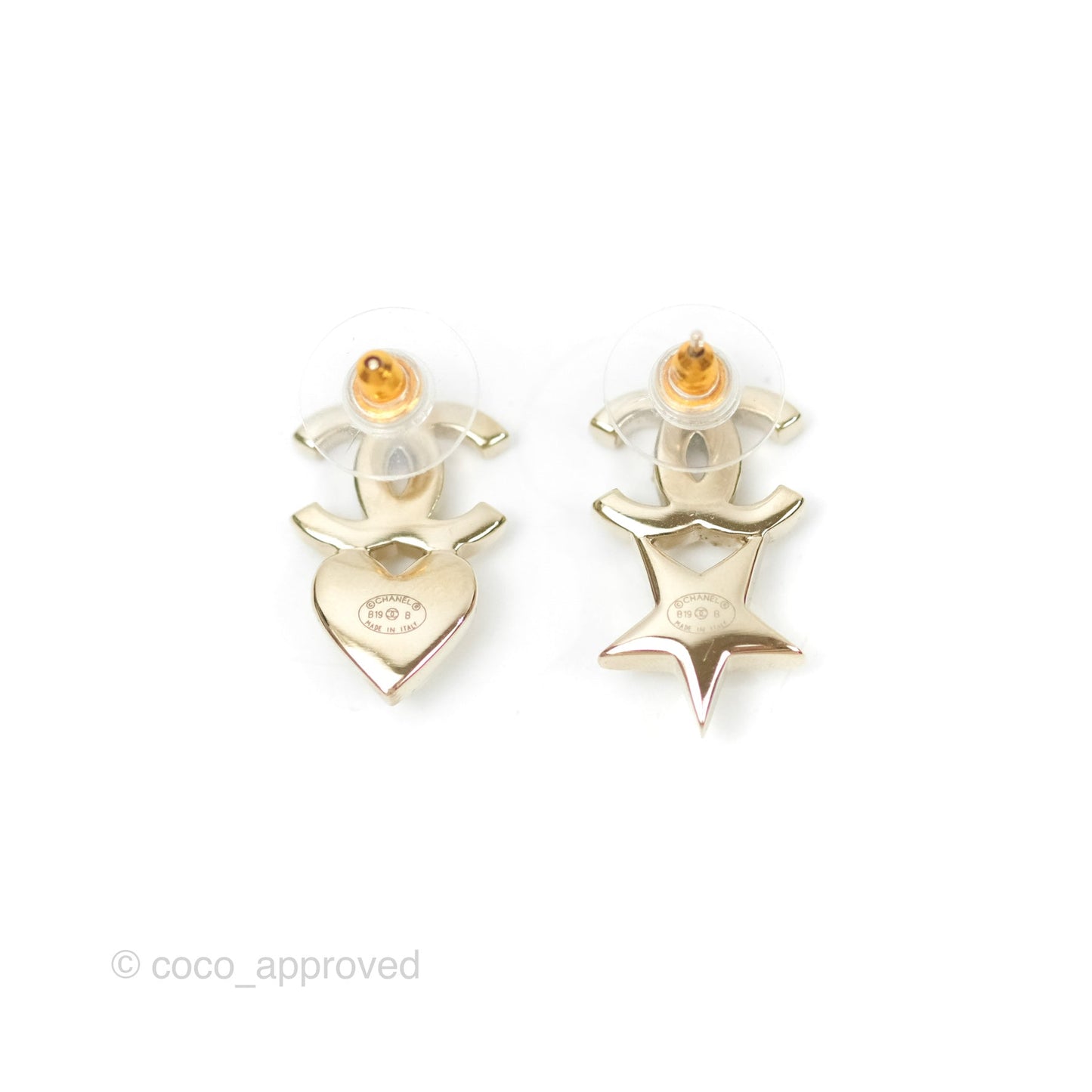 Chanel Crystal CC Star & Heart Pearl Earrings Gold Tone 19B