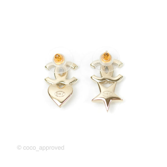 Chanel Crystal CC Star & Heart Pearl Earrings Gold Tone 19B