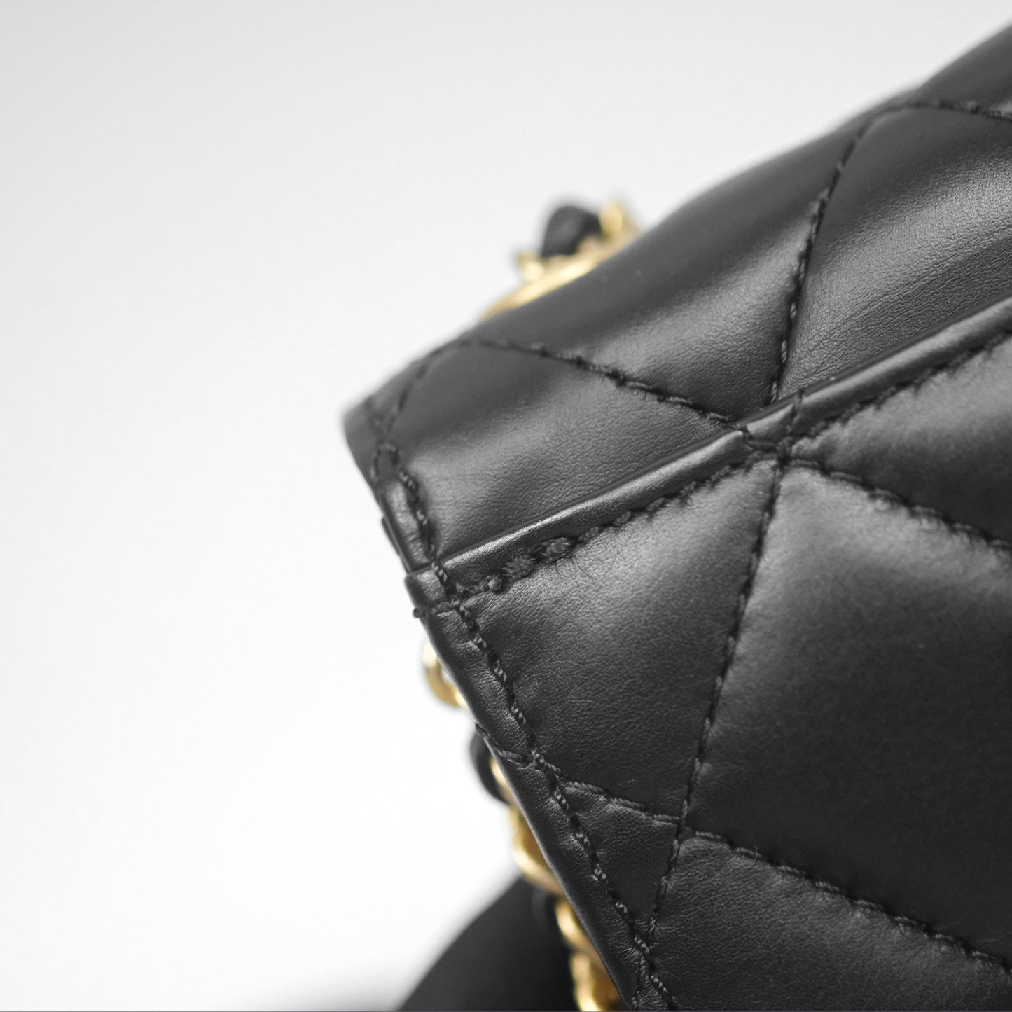 Chanel Quilted Side Chain Flap Bag Black Calfskin Aged Gold Hardware