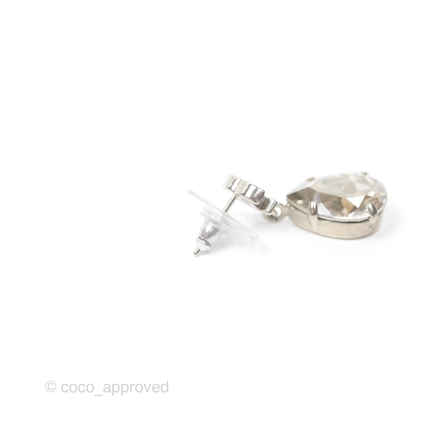 Chanel CC Rhinestone Tear Drop Earrings Silver Tone 12V