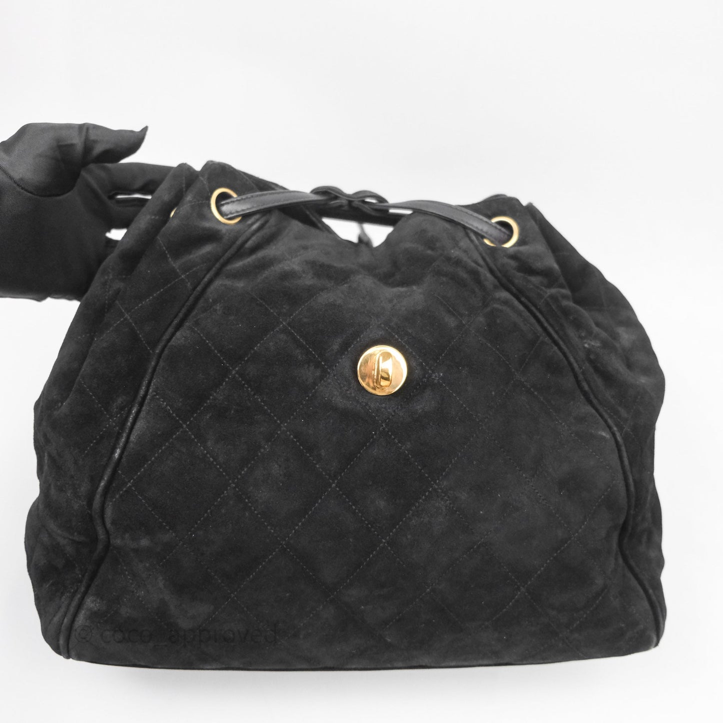 Chanel Vintage Quilted Suede CC Backpack Black Gold Hardware