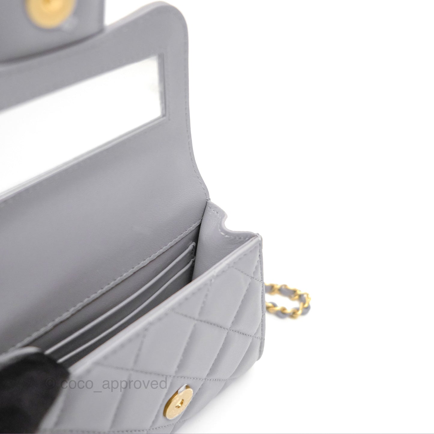 Chanel Mini Metal Handle Clutch With Chain Grey Lambskin Gold Hardware