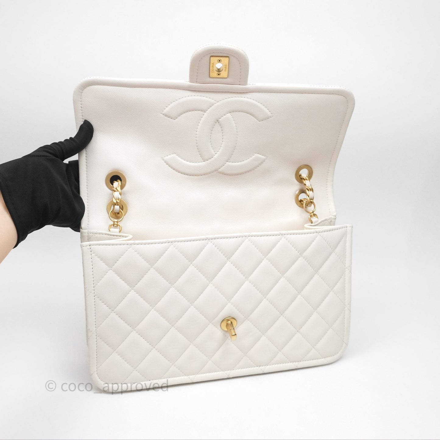 Chanel Large Quilted Sweet Classic Flap White Caviar Aged Gold Hardware
