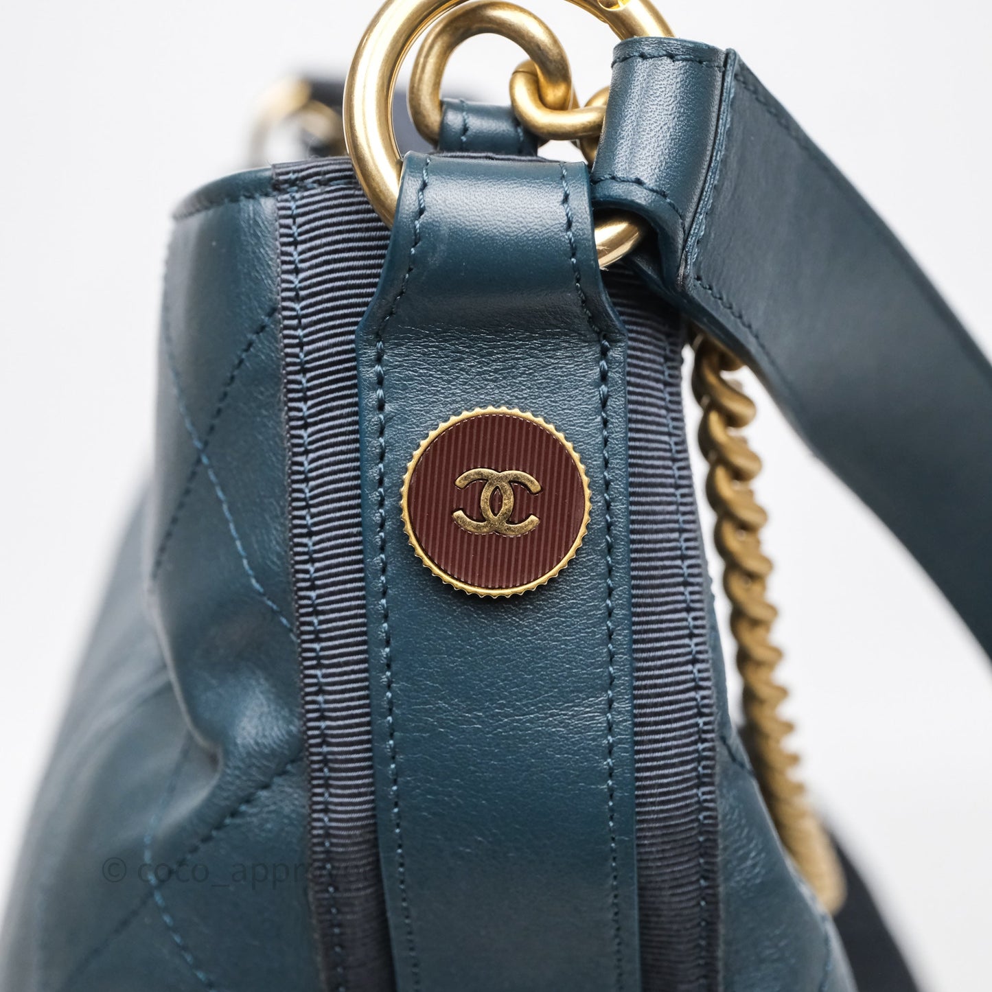 Chanel Button Up Hobo Bag Quilted Teal Calfskin Aged Gold Hardware