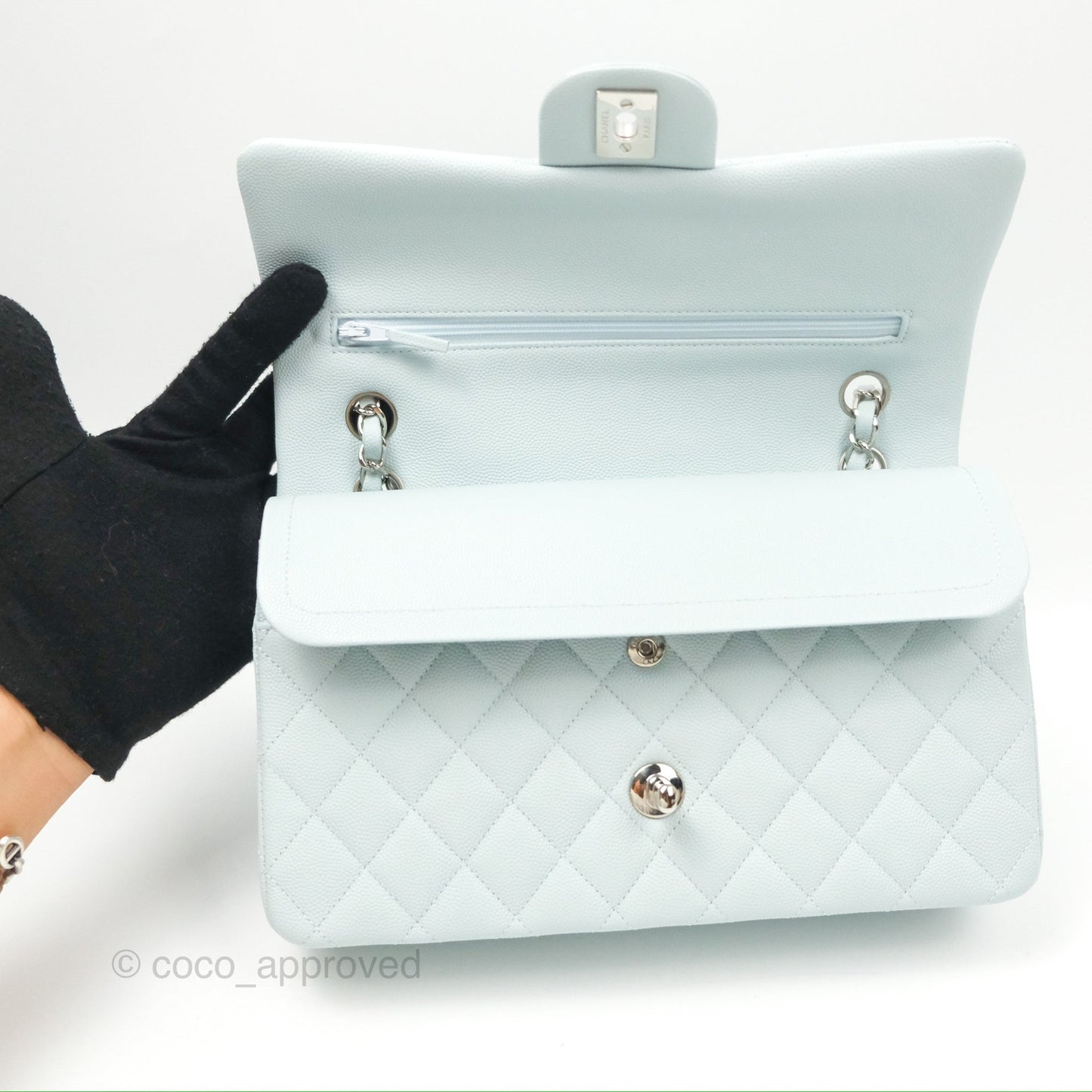 Chanel Medium Classic Flap Quilted Pale Blue Caviar Silver Hardware