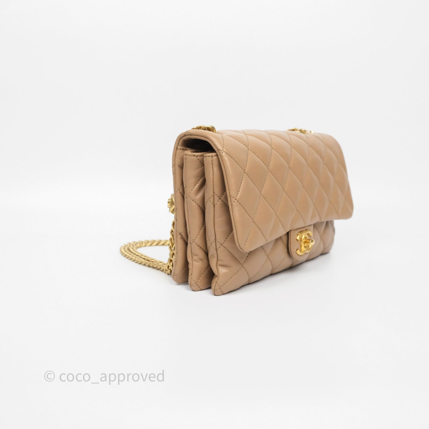 Chanel Medium All Slide Adjustable Chain Flap Bag Beige Lambskin Aged Gold Hardware