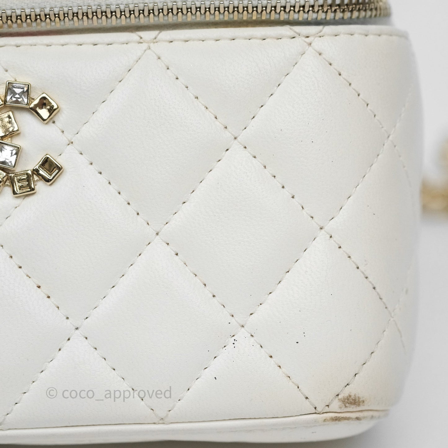 Chanel Logo Crystals Top Handle Vanity Rectangular White Lambskin Gold Hardware