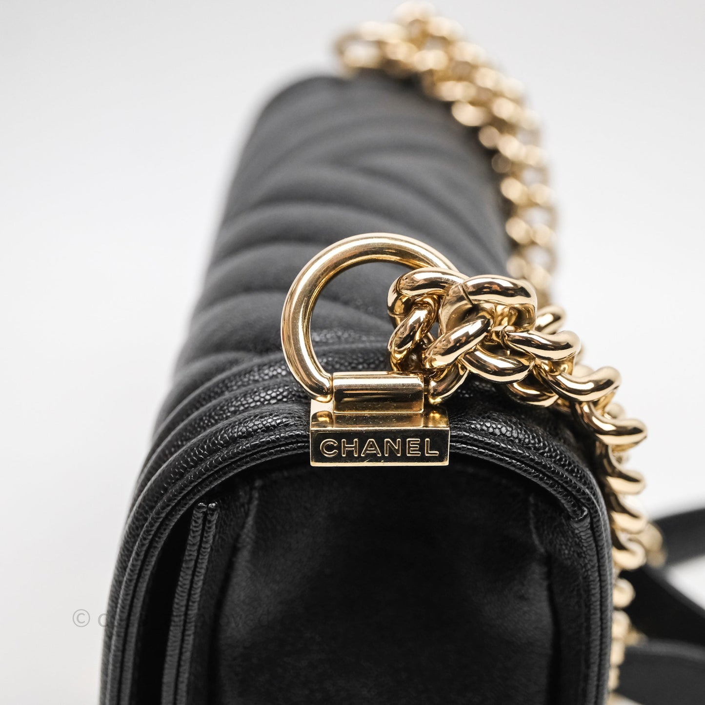Chanel Medium Boy Chevron Black Caviar Light Gold Hardware