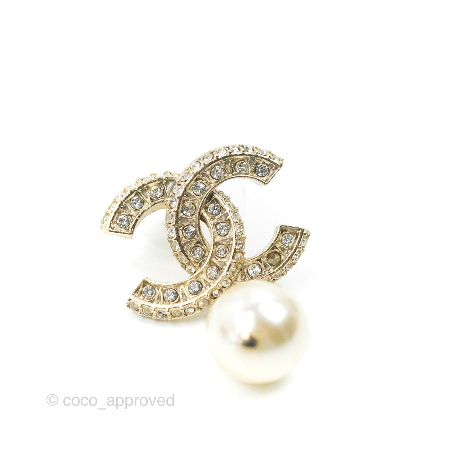 Chanel CC Rhinestone Pearl Drop Earrings Gold Tone
