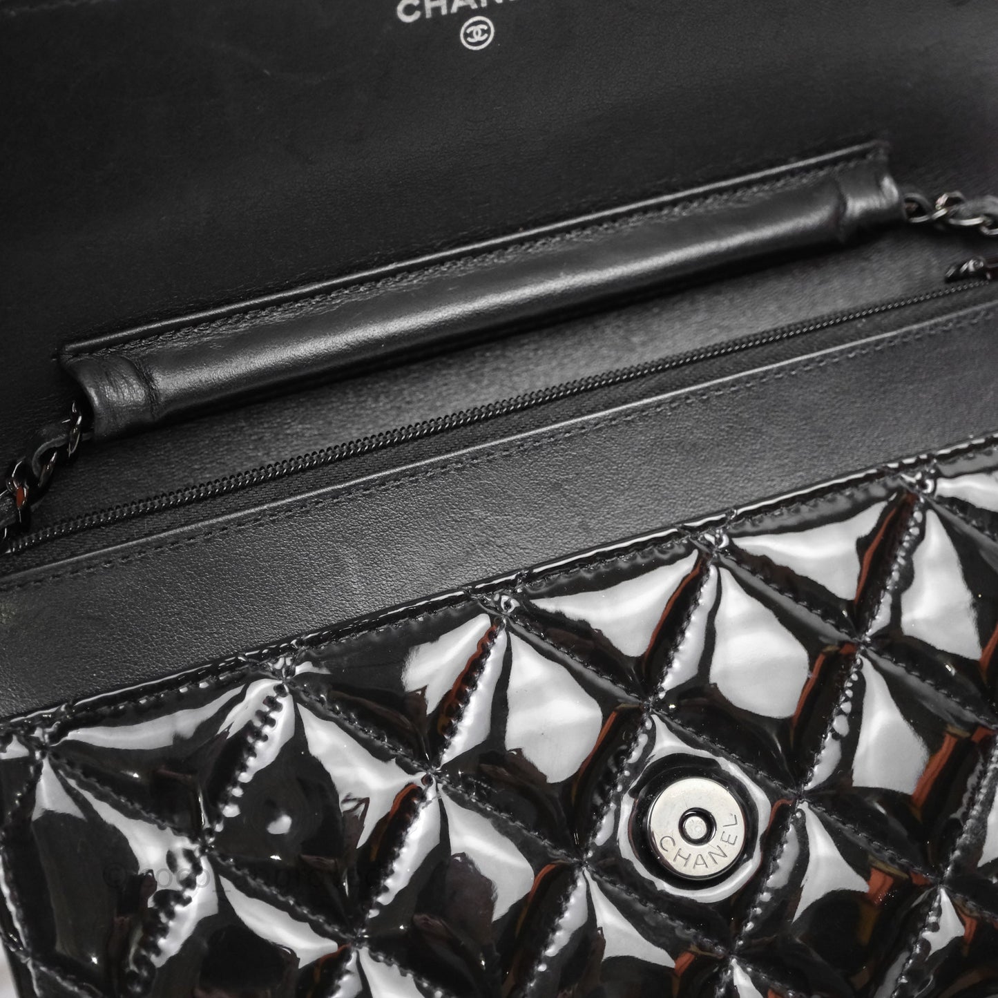 Chanel Quilted Wallet on Chain WOC Patent Leather So Black