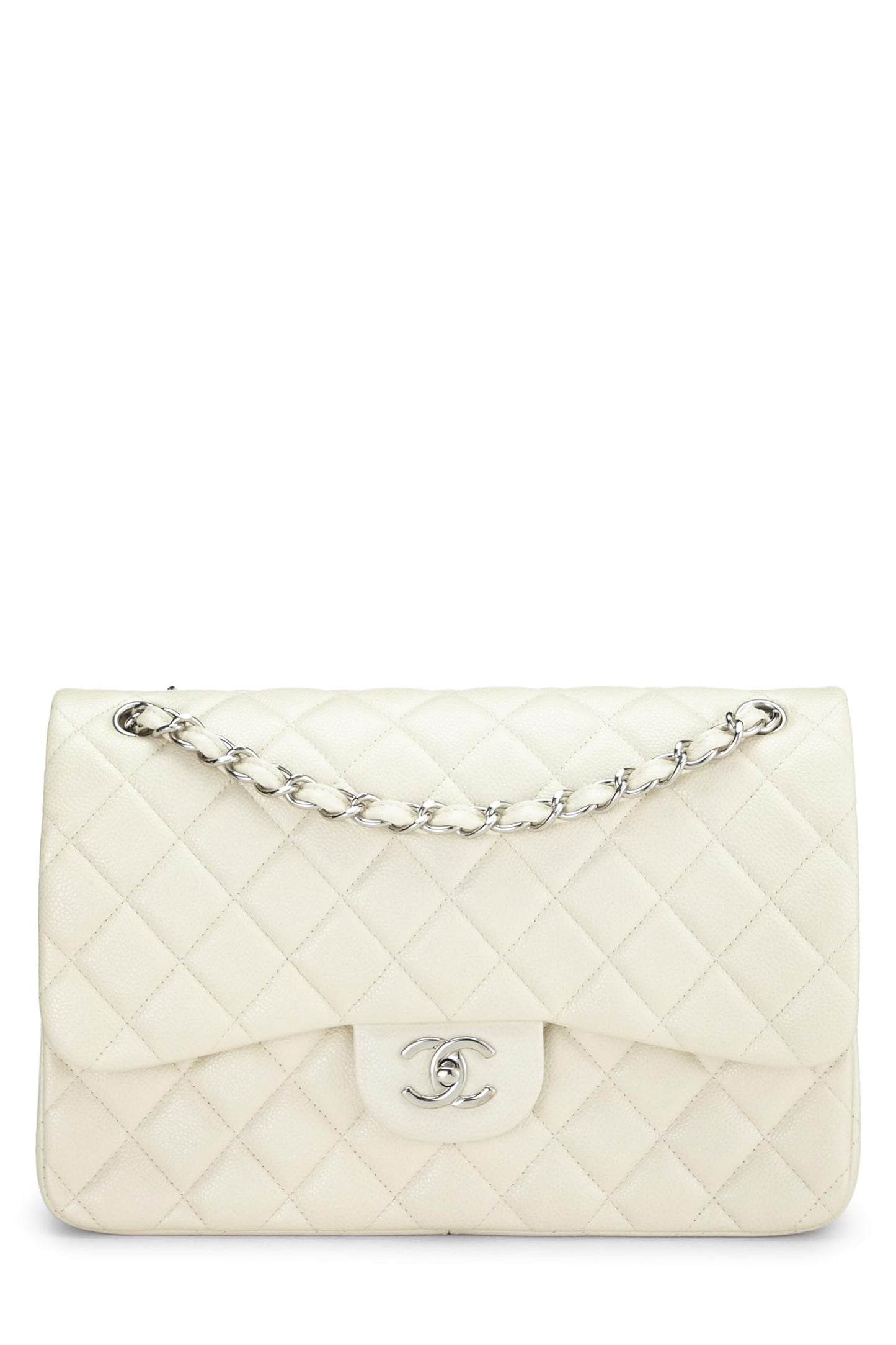 Chanel,  White Quilted Caviar New Classic Double Flap Jumbo, White