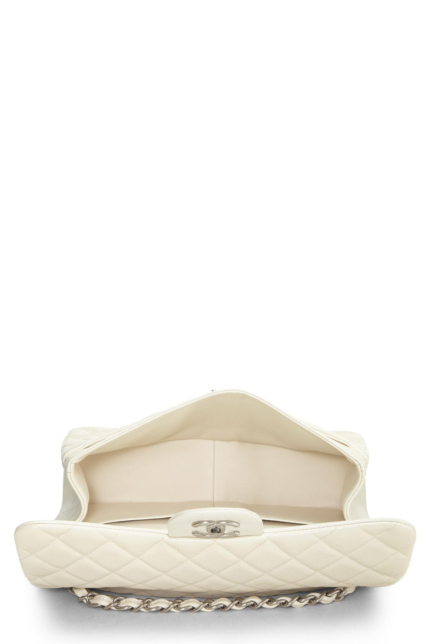 Chanel,  White Quilted Caviar New Classic Double Flap Jumbo, White