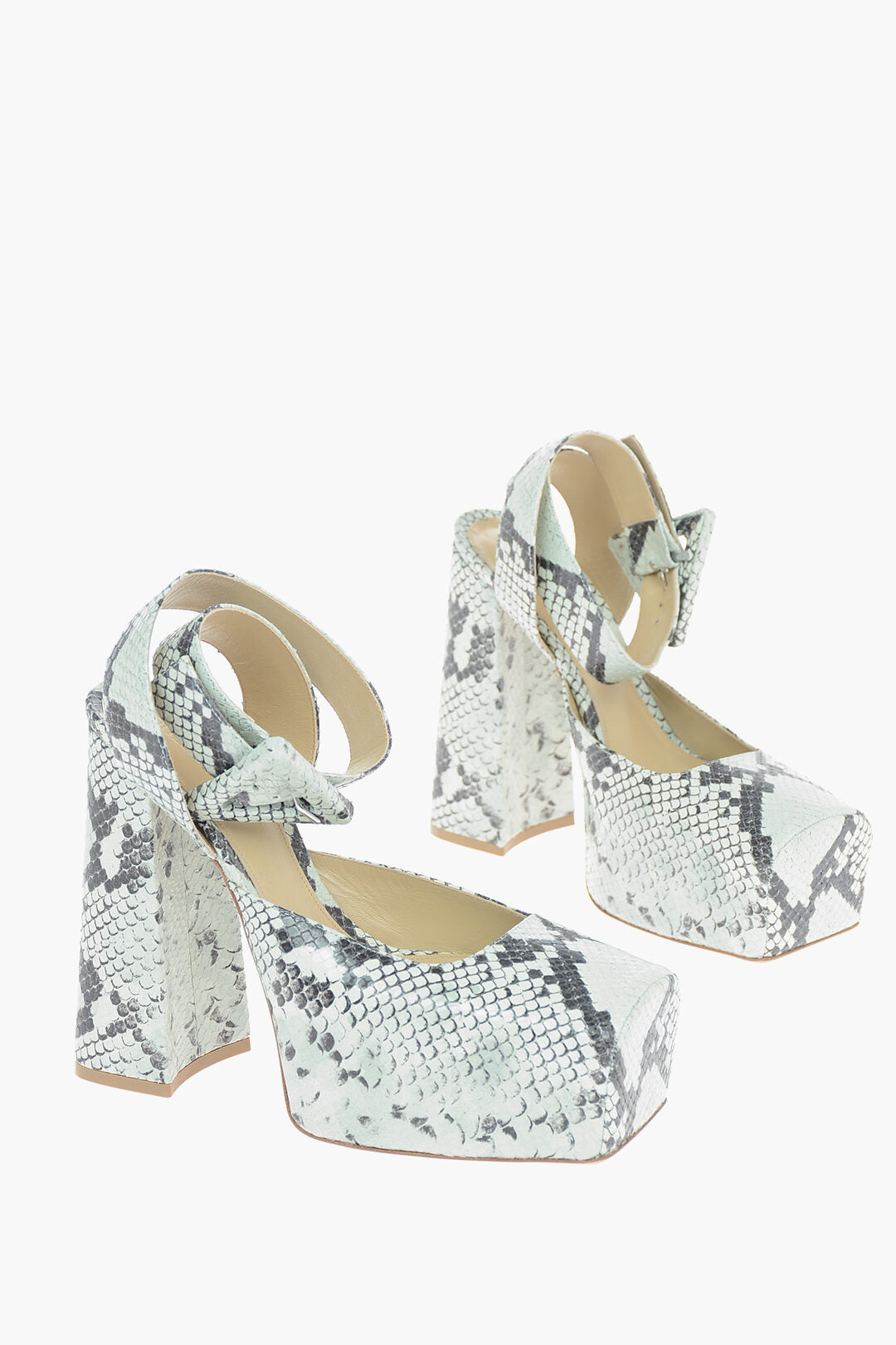Luxury Bottega Veneta Python-Printed Tower Platform Pumps With Triangle Ankle-Belt