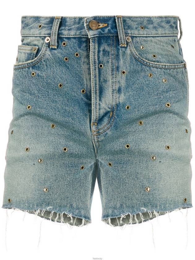 Luxury Saint Laurent Eyelet Stud Cotton Denim Shorts Blue