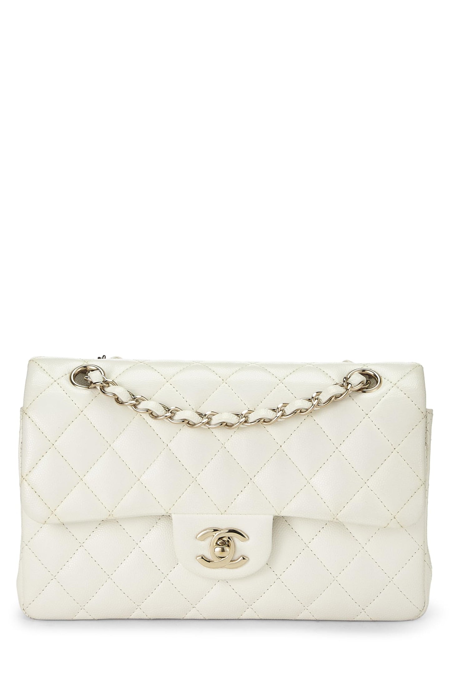 Chanel,  White Quilted Caviar Classic Double Flap Small, White
