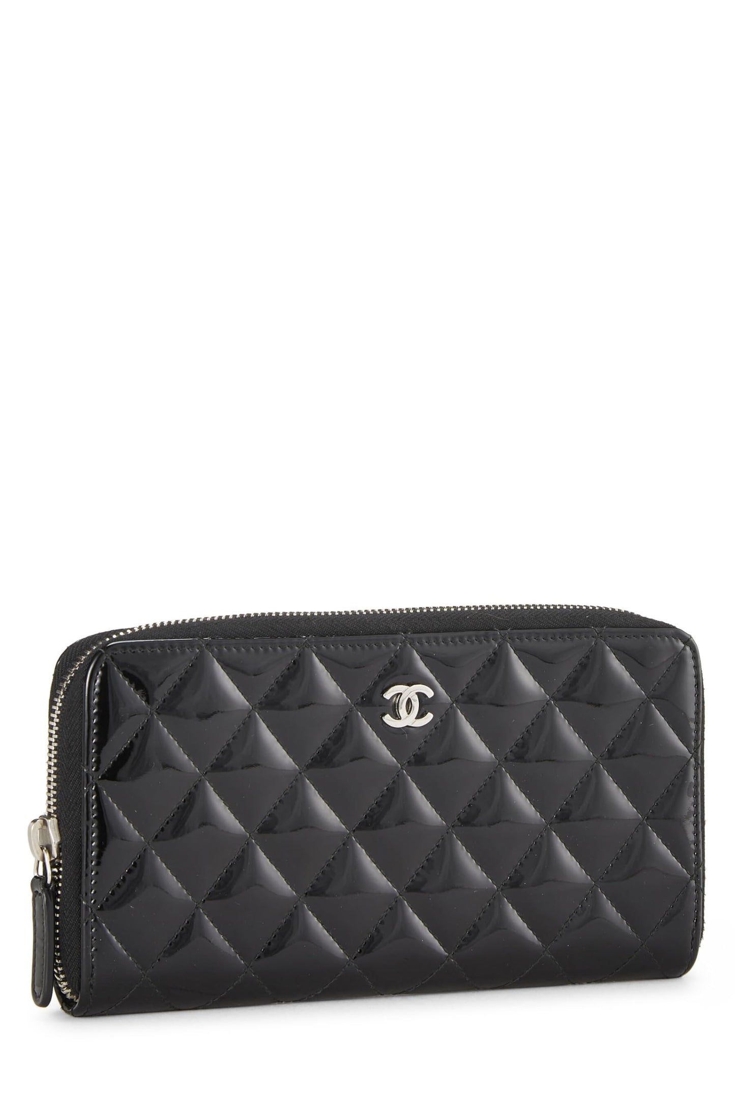 Chanel,  Black Quilted Patent Leather Zip Wallet, Black