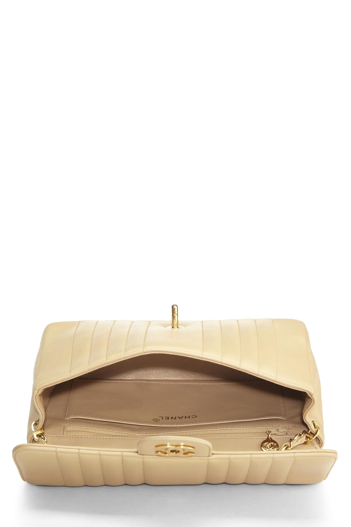 Chanel,  Beige Vertical Lambskin Half Flap Medium, Beige