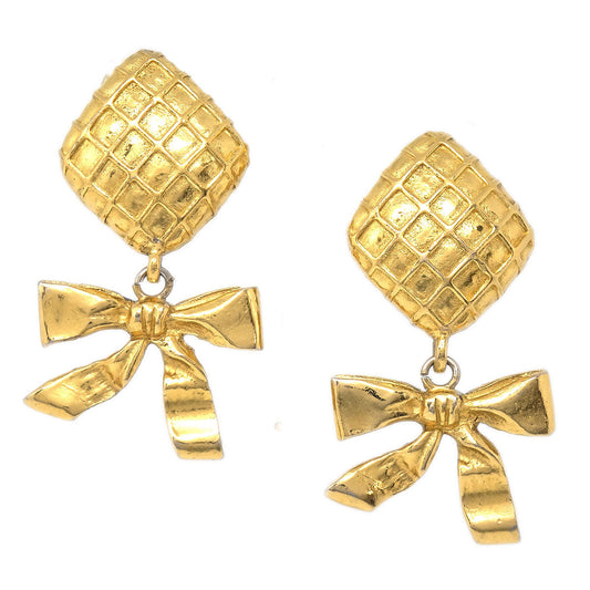 Luxury Chanel Bow Dangle Earrings Clip-On Gold