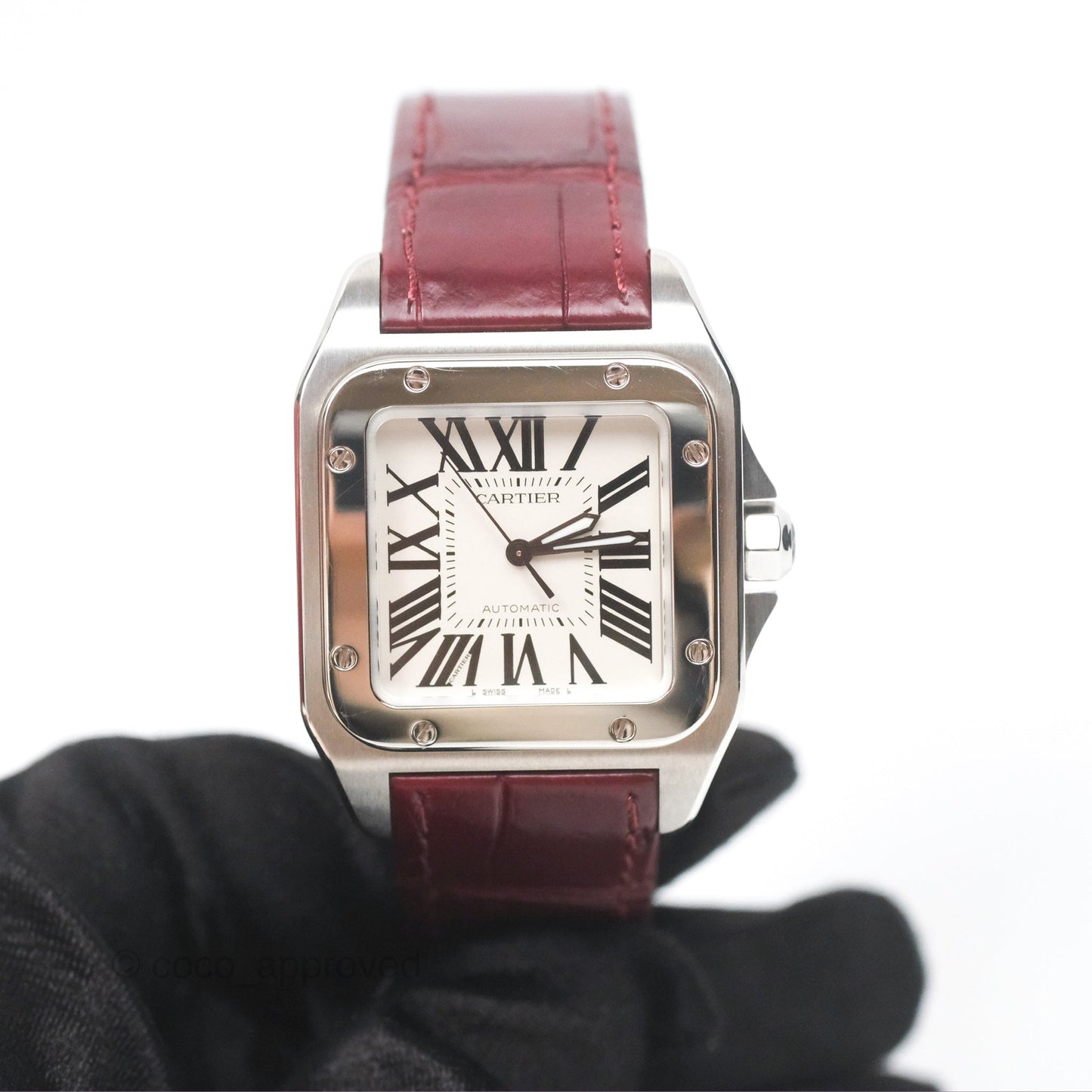Cartier Santos-Dumont Automatic Steel Watch Burgundy Alligator-skin Strap