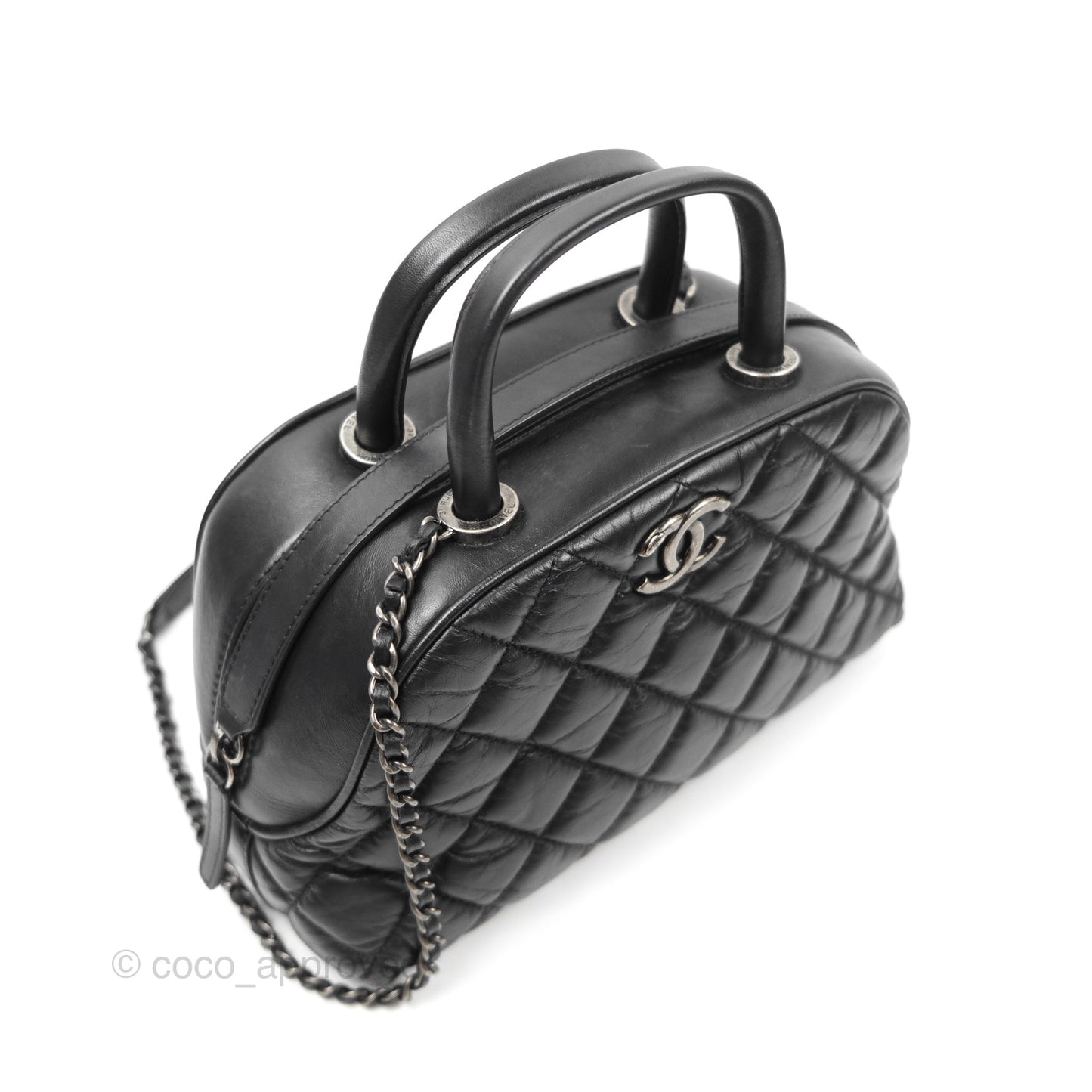 Chanel Quilted Small Handle Bowling Bag Black Aged Calfskin Ruthenium Hardware