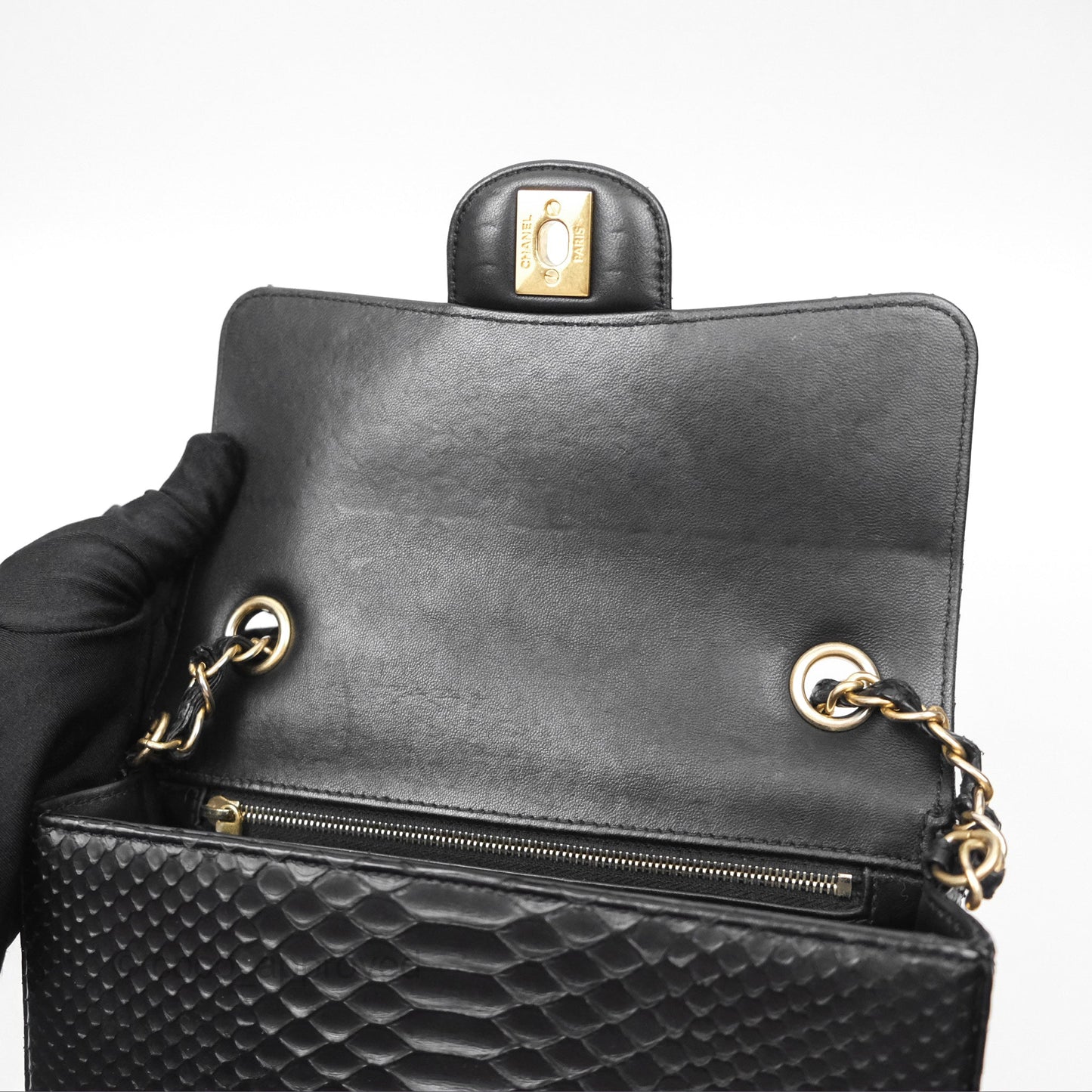 Chanel Quilted Mini Rectangular Flap Black Python Gold Hardware