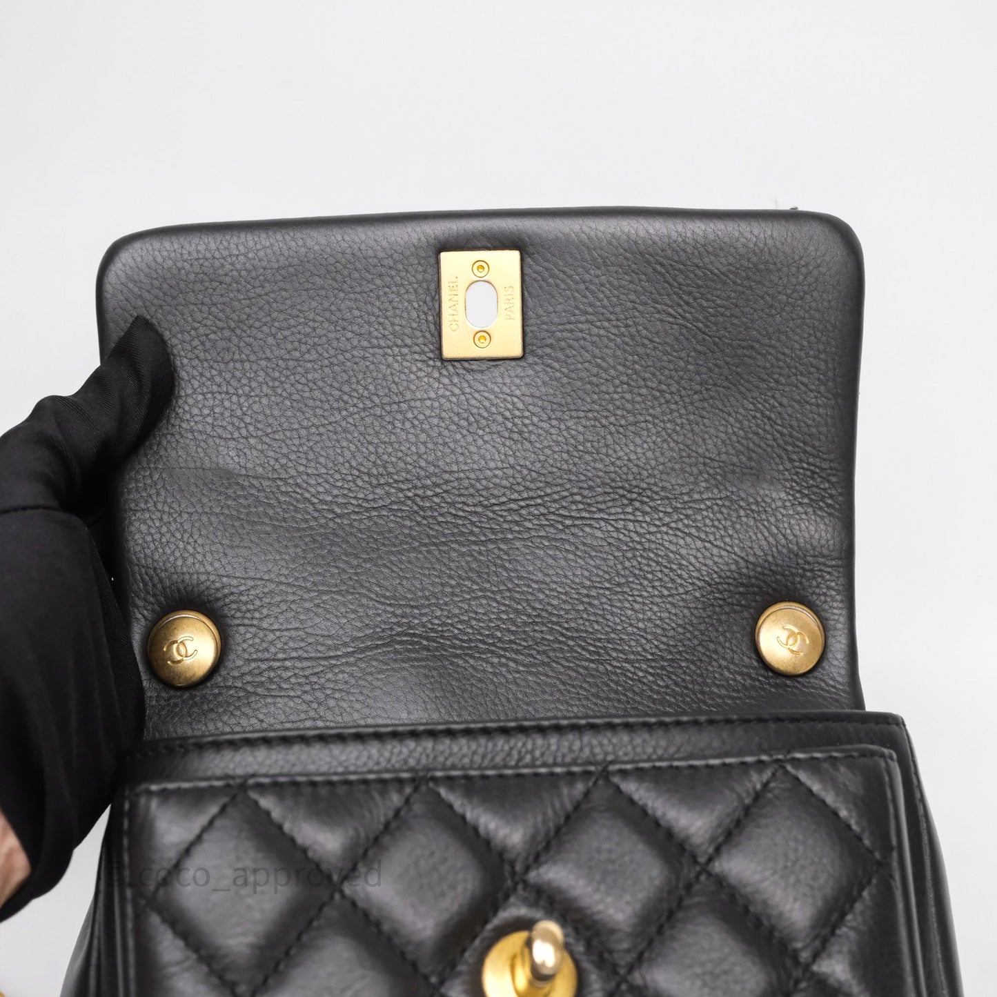 Chanel Quilted Handle Flap Bag Black Calfskin Aged Gold Hardware