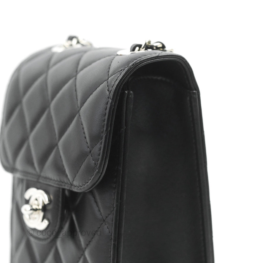 Chanel Classic Quilted Phone Holder Black Lambskin Silver Hardware