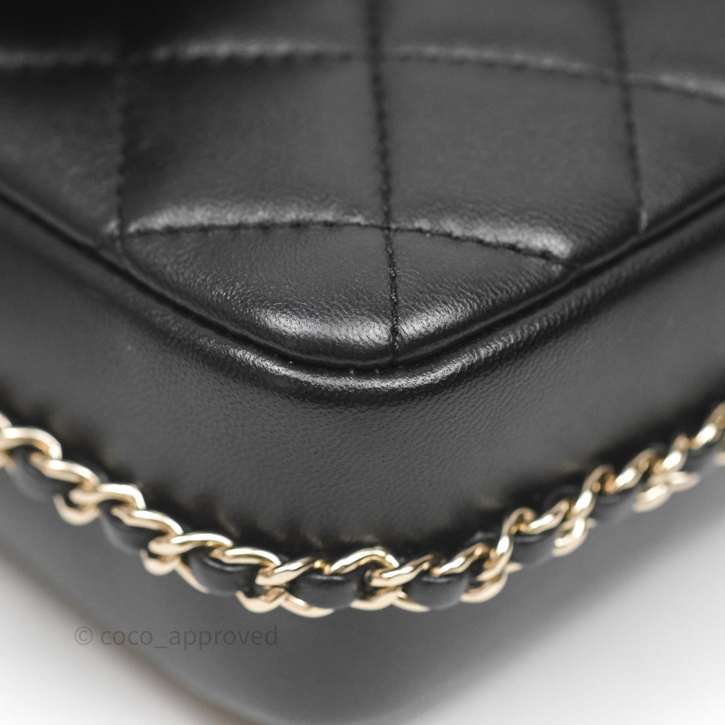 Chanel Logo Pearl Chain Flap Bag Black Lambskin Gold Hardware