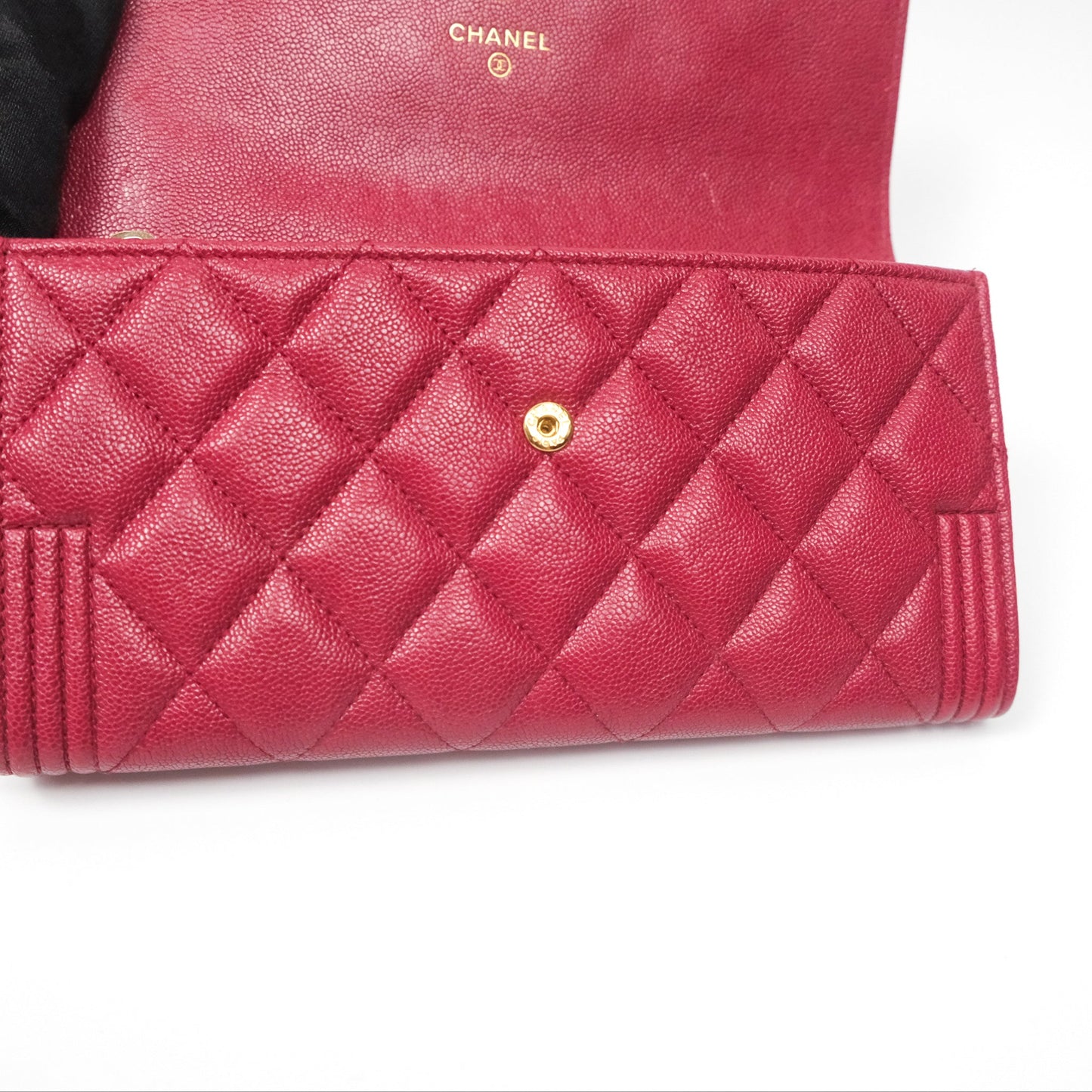 Chanel Quilted Boy Flap Long Wallet Dark Red Caviar Aged Gold Hardware