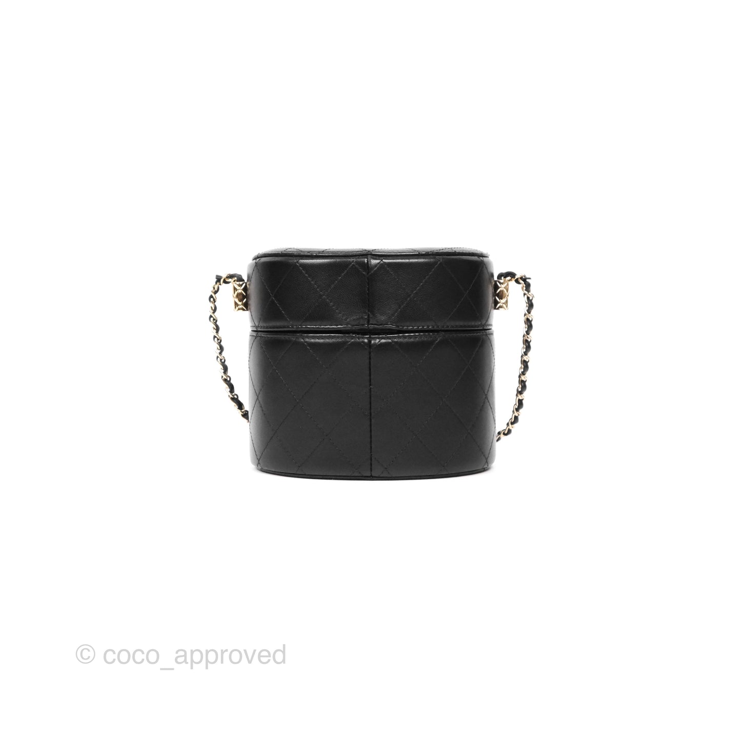 Chanel Quilted Round Vanity Clutch With Chain Black Lambskin Gold Hardware