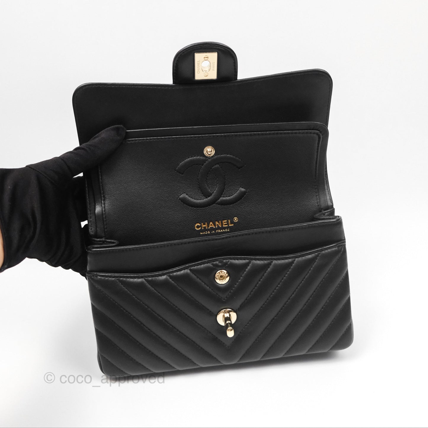 Chanel Small Classic Flap Chevron Black Lambskin Gold Hardware