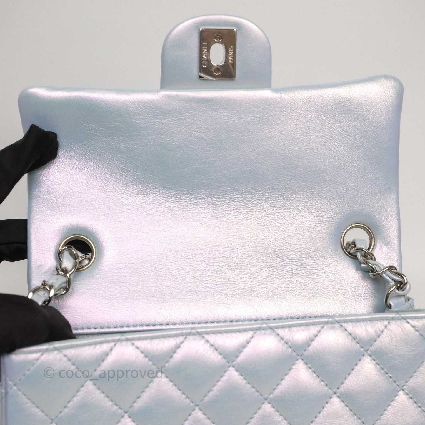 Chanel Mini Rectangular Bag Quilted Iridescent Icy Blue Silver Hardware