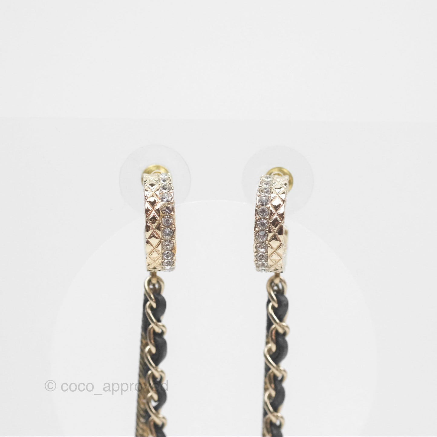 Chanel Crystal CC Braided Leather Chain Long Drop Earrings Gold Tone 22S