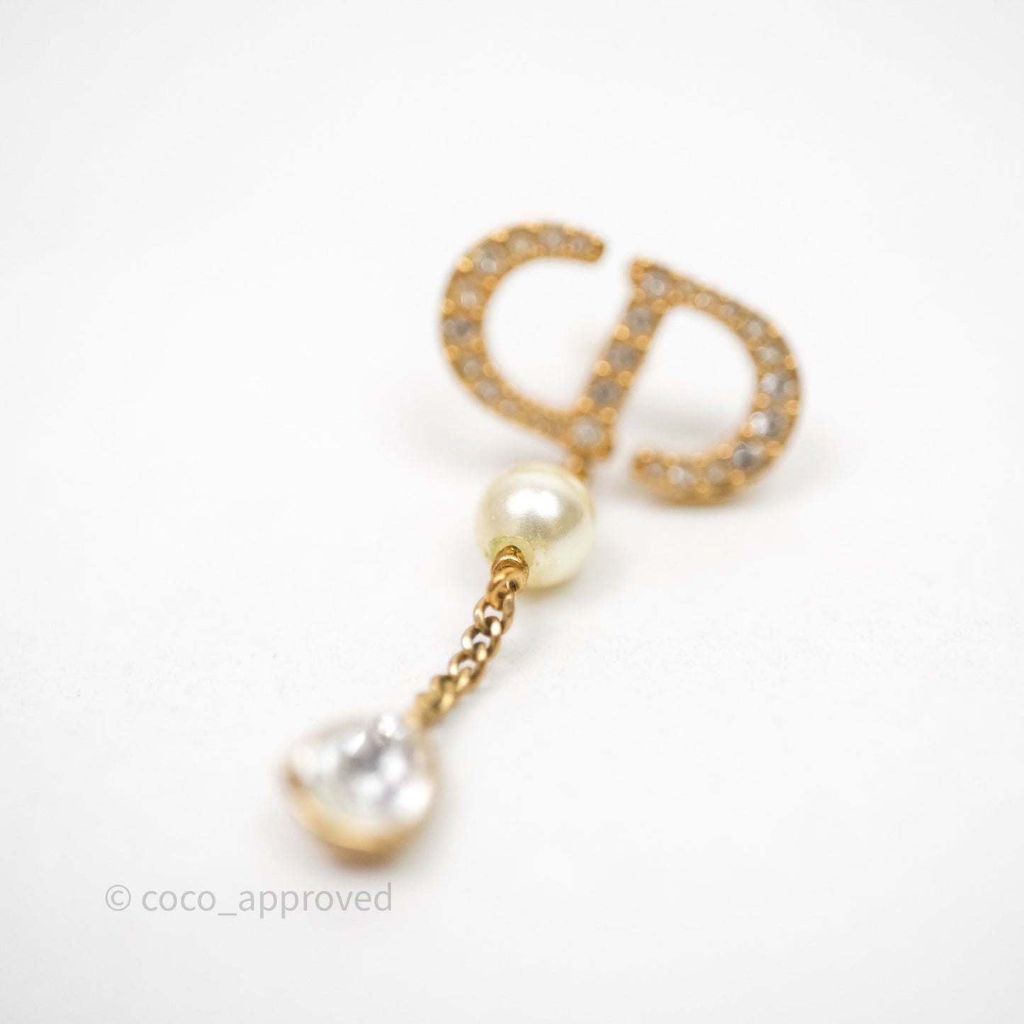 Christian Dior Pearl Crystal CD Drop Earrings Gold Tone