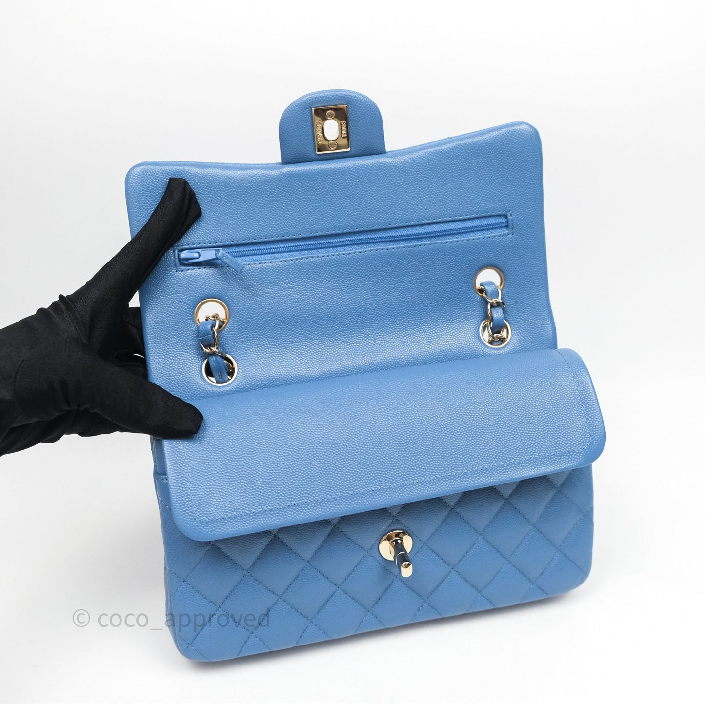 Chanel Small Classic Flap Quilted Blue Caviar Gold Hardware 20S