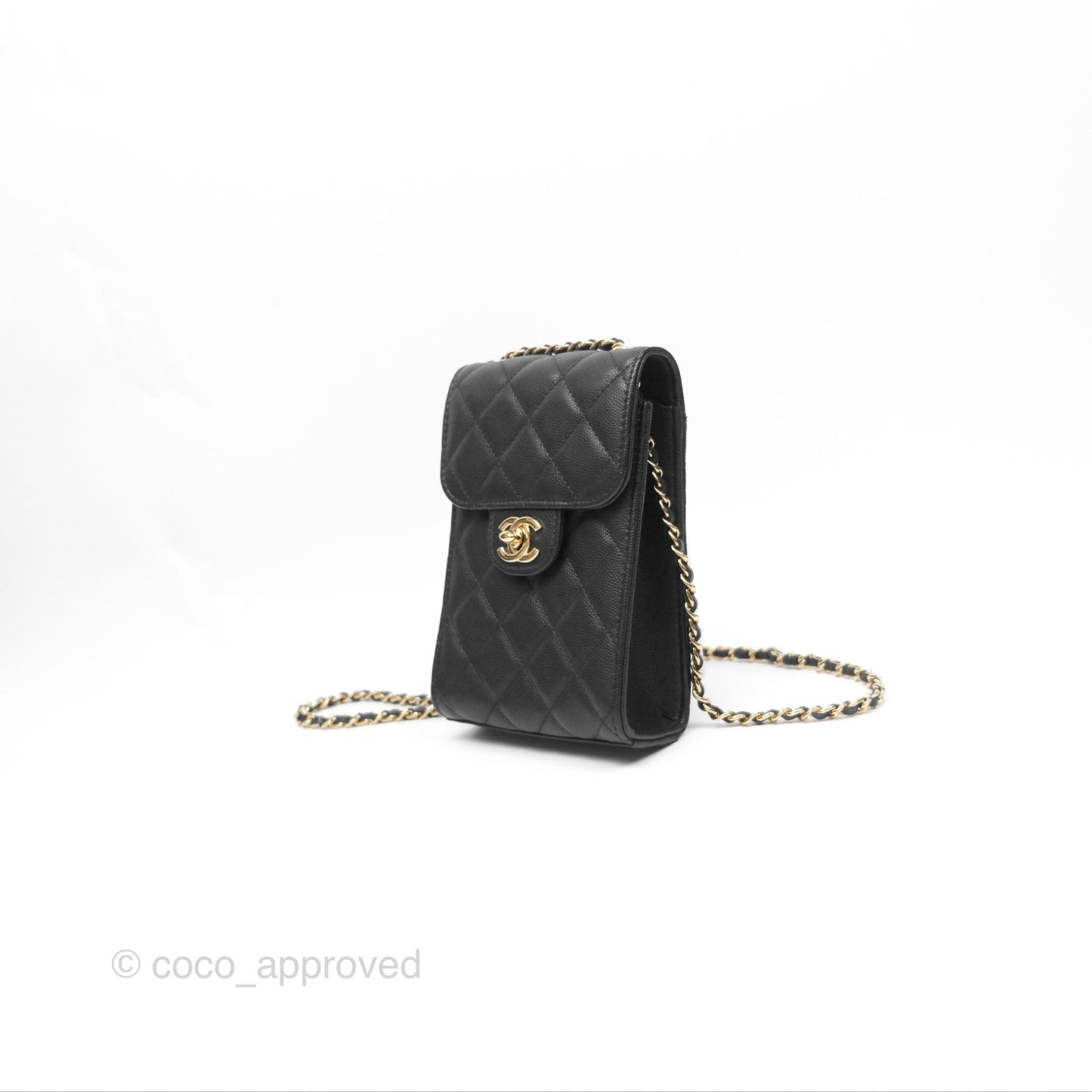 Chanel Classic Quilted Phone Holder Black Caviar Gold Hardware