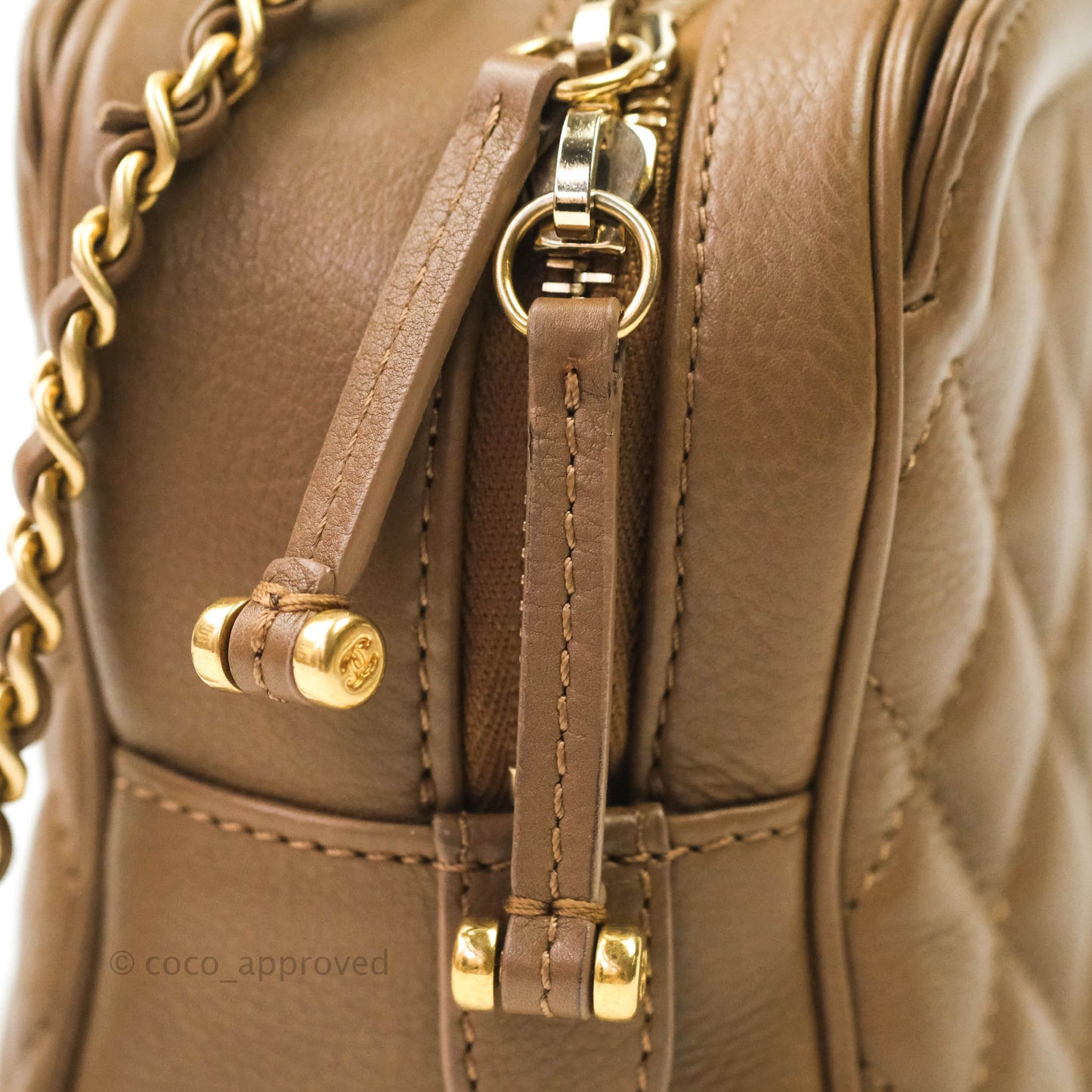 Chanel Small CC Quilted Vanity Case Brown Beige Calfskin Aged Gold Hardware