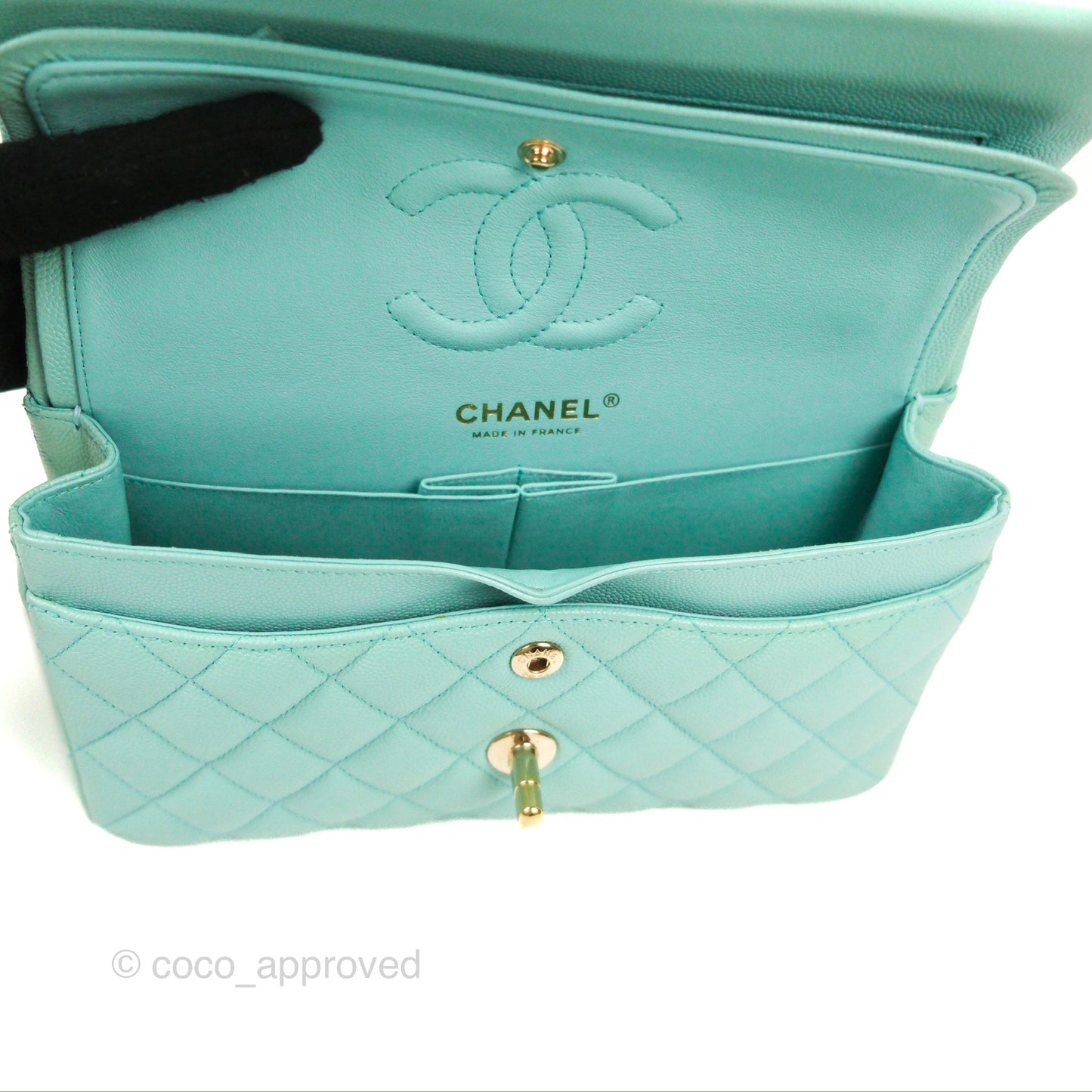 Chanel Small Classic Quilted Flap Tiffany Blue Caviar Gold Hardware 20C