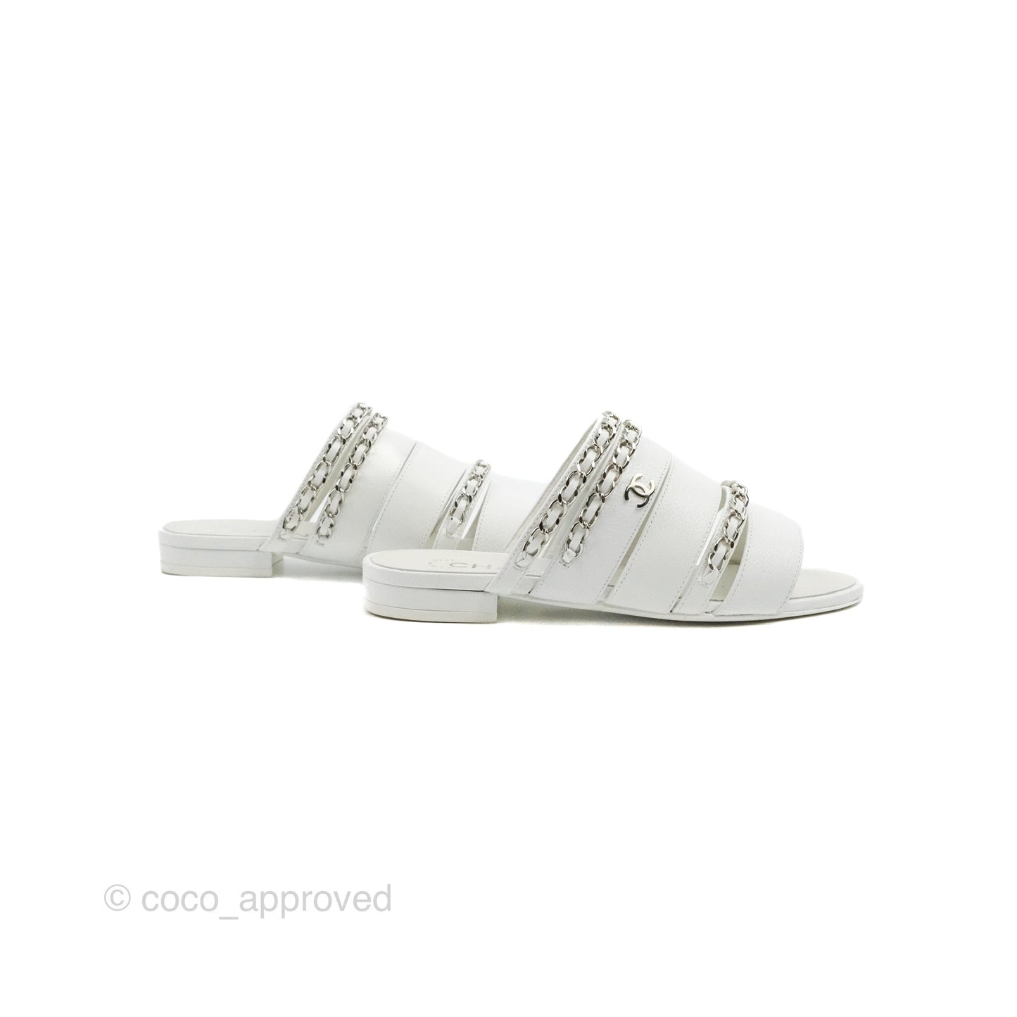 Chanel CC Chain Sandals White Silver Hardware Size 34.5