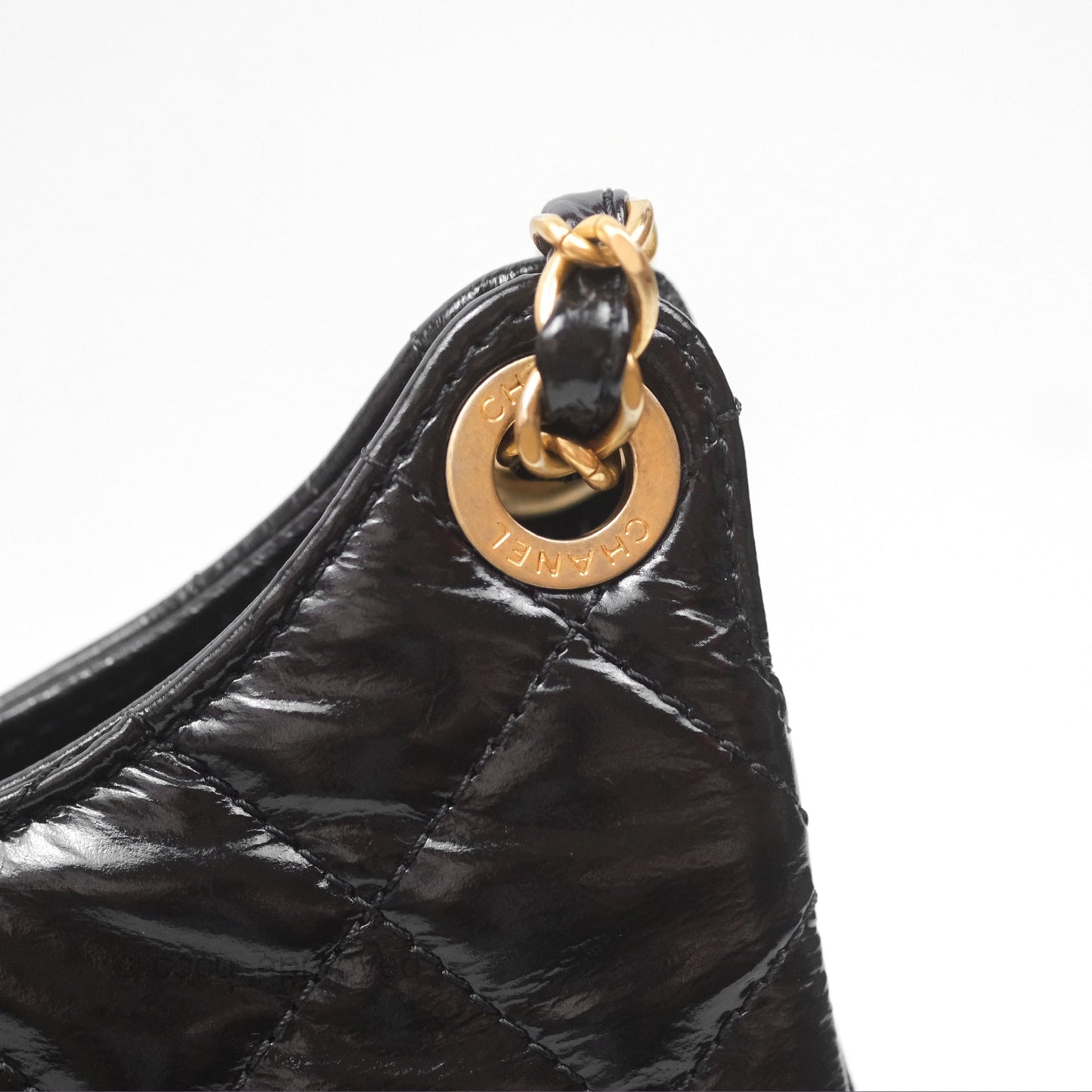 Chanel Medium Quilted Wavy CC Hobo Black Patent Aged Gold Hardware