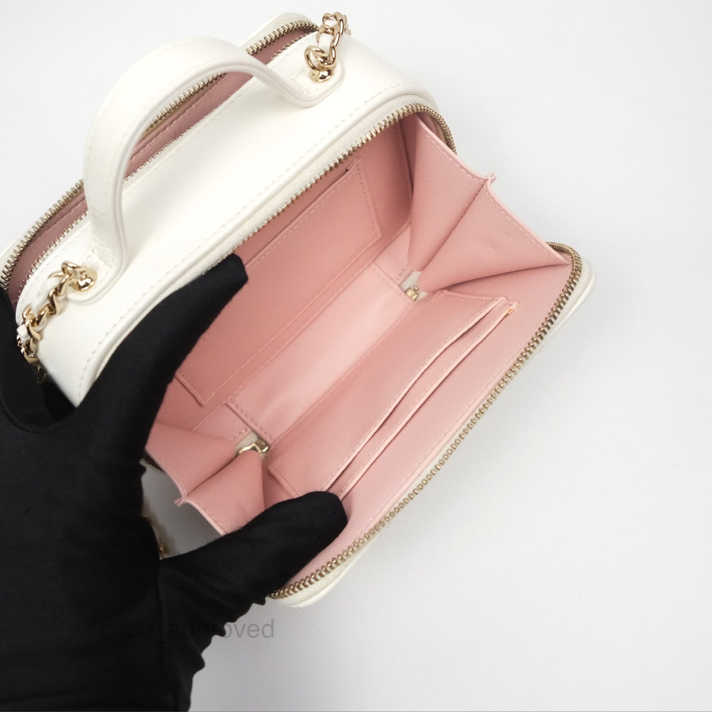 Chanel Top Handle Quilted Vanity Case White Shiny Lambskin Good Hardware