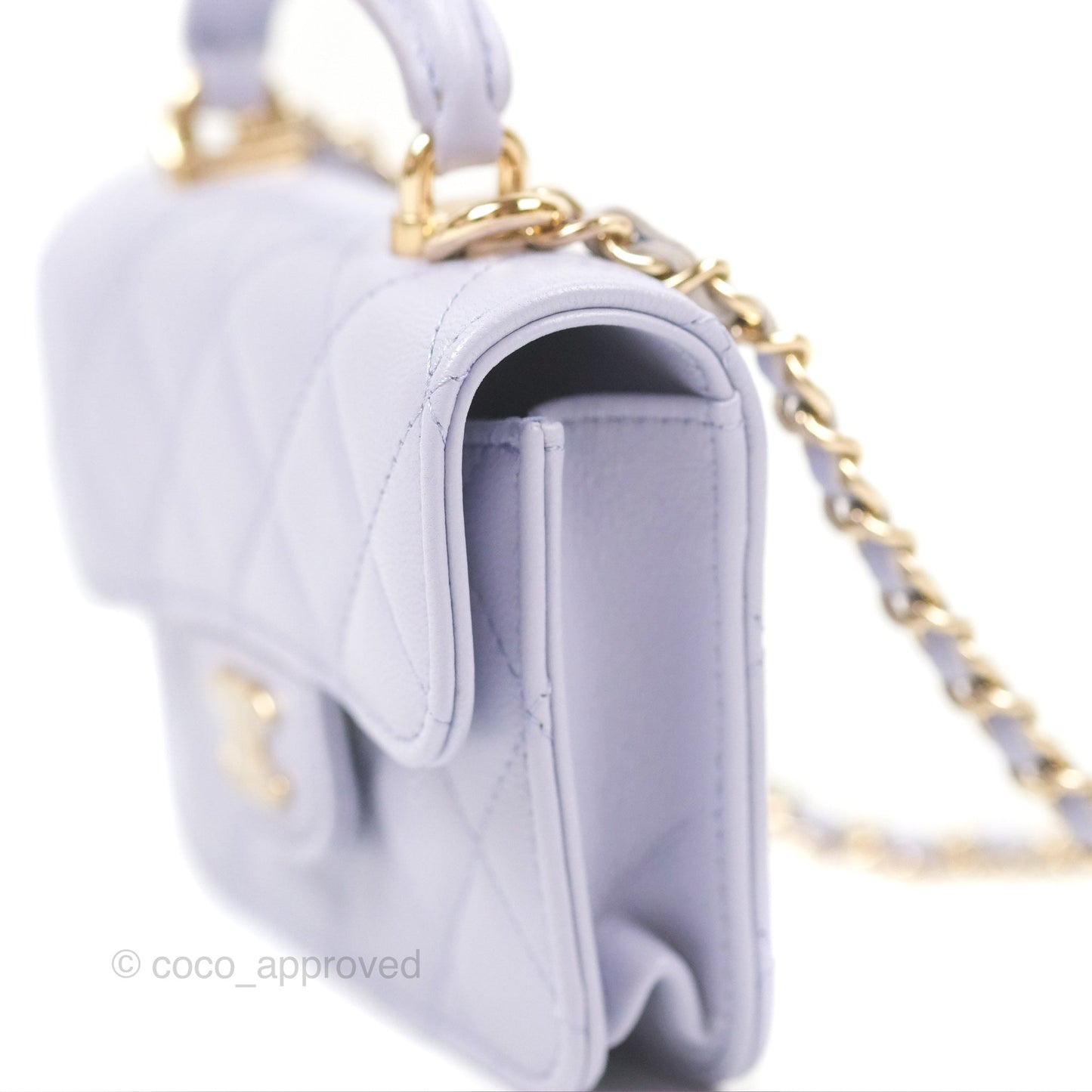 Chanel Mini Handle Flap Coin Purse With Chain Purple Lambskin Gold Hardware