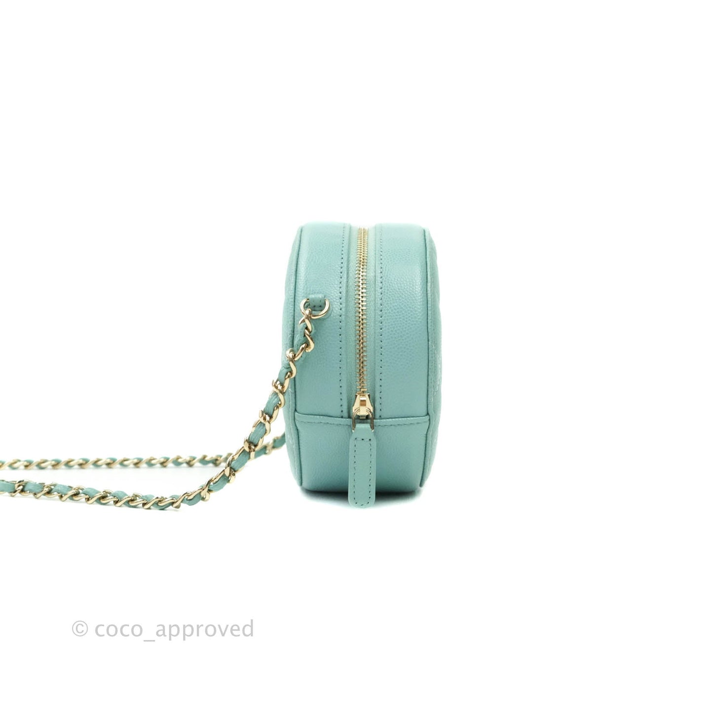 Chanel Classic Quilted Round Clutch With Chain Tiffany Blue Caviar Gold Hardware
