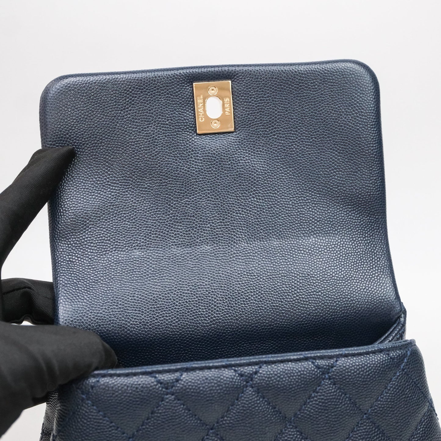 Chanel Mini Coco Handle Quilted Navy Caviar Gold Hardware Lizard Embossed Handle